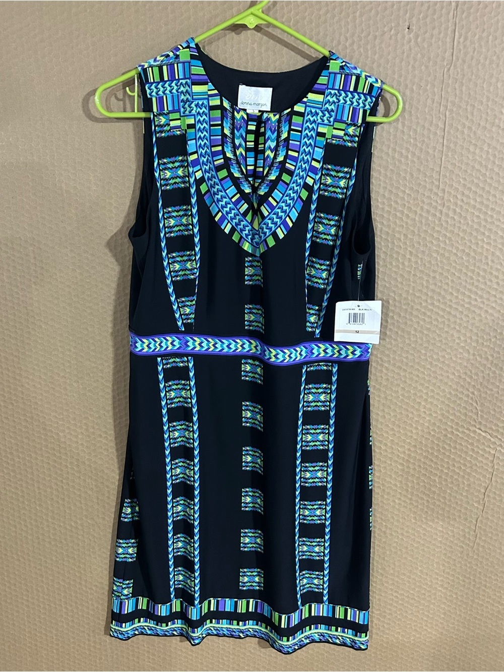 Donna Morgan Black Mini Dress with Blue and Green Geometric Accents